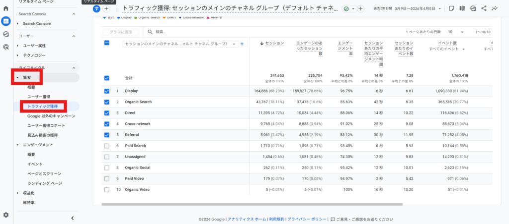 GA4の左メニューから [レポート] ＞ [集客] ＞ [トラフィック獲得] を選択