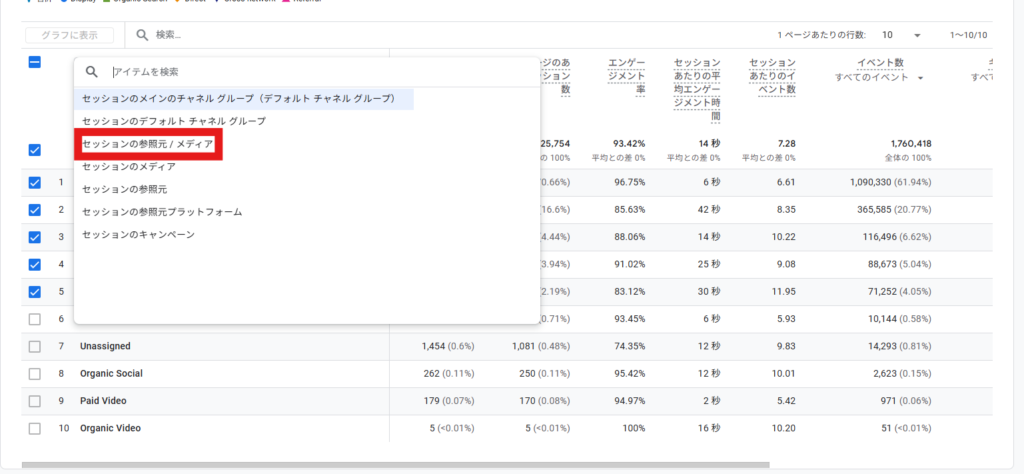 表のプライマリディメンション（左上の項目名）を 「セッションの参照元 / メディア」 に変更