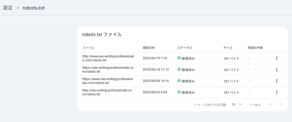 サーチコンソールのrobots.txtの状態確認画面
