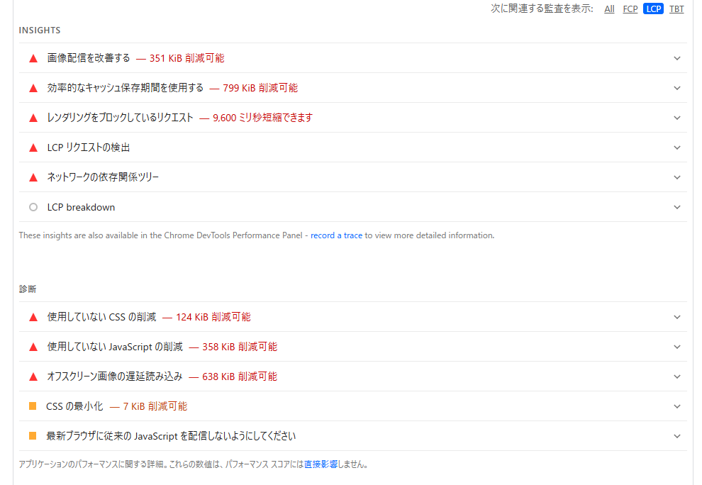 PageSpeed InsightsでLCPに関するINSIGHTSや診断の例