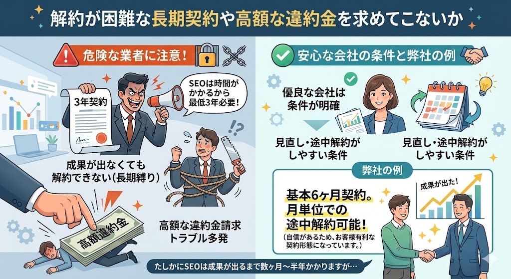 解約が困難な長期契約や高額な違約金を求めてこないかと、弊社のご支援方法の違いの写真