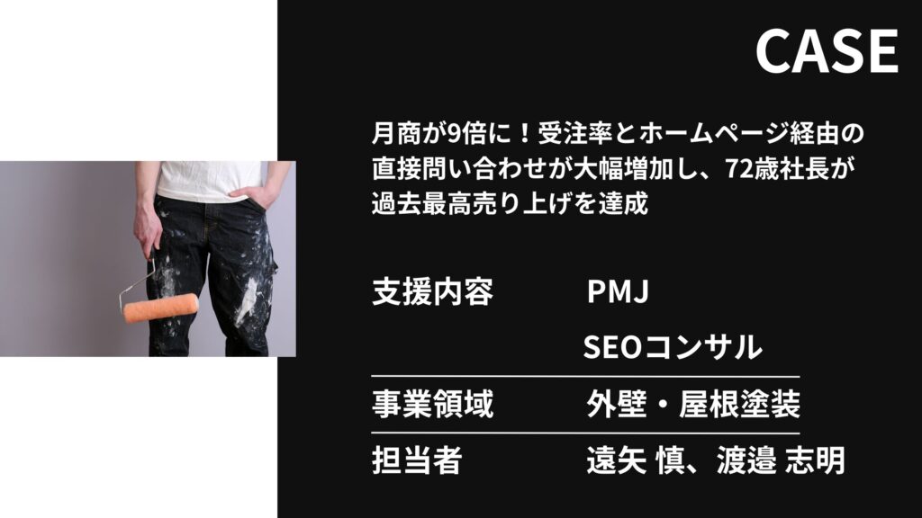 【PMJ】月商が9倍に！受注率とホームページ経由の直接問い合わせが大幅増加し、72歳社長が過去最高売り上げを達成